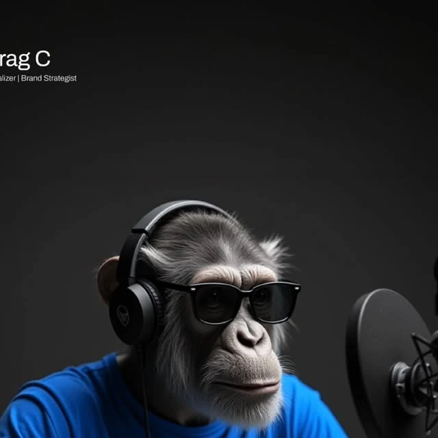 Ape Podcast character portrait with headphones in a recording studio